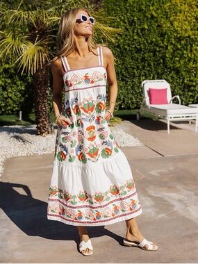 NWT J.Marie Landon White Multi Embroidered Sleeveless Preppy Vacation Midi Dress